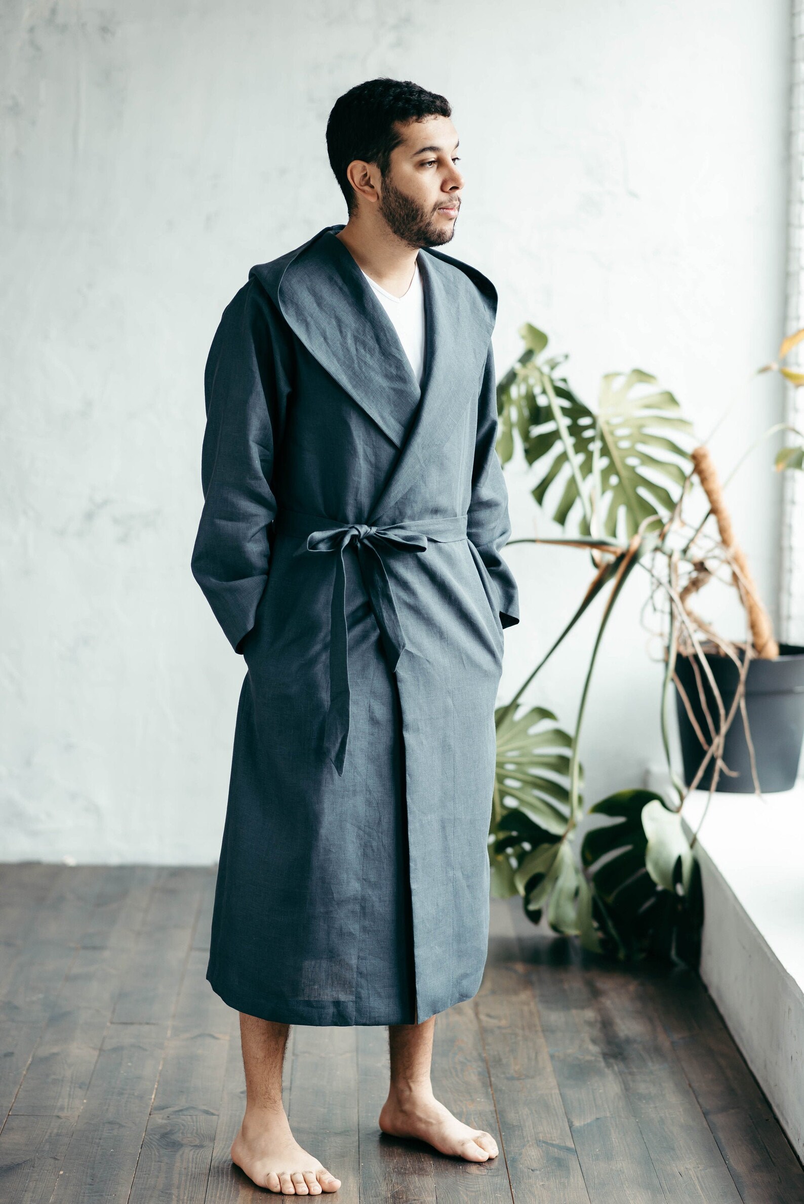Linen Robe Robe for Men Hooded Robe Mens Robe Robe With Etsy