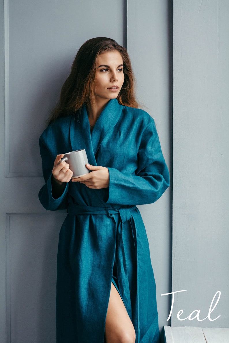 Linen Robe for Women Natural Linen Dressing Gown Bathrobe Teal