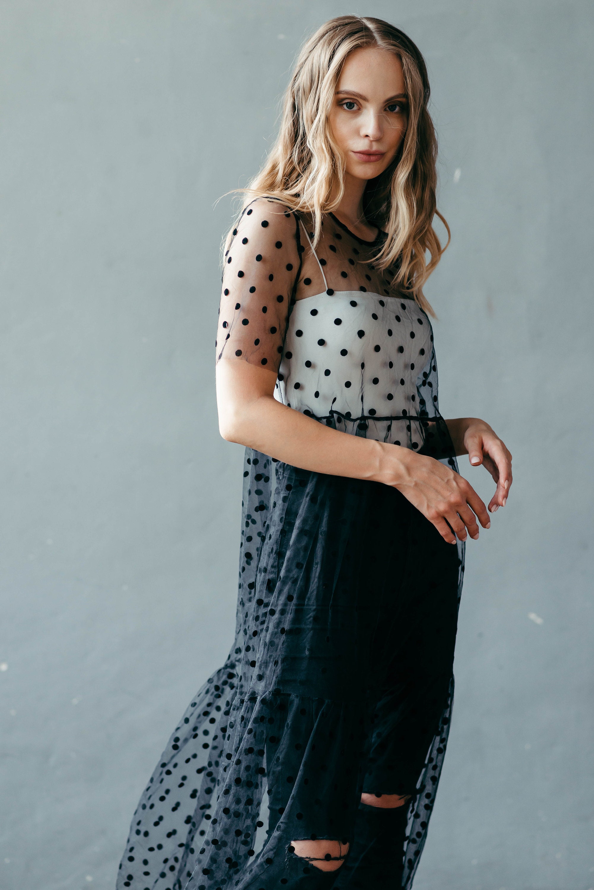 dotted mesh tulle dress Vintage Purple Polka Dot Mesh Evening Dress