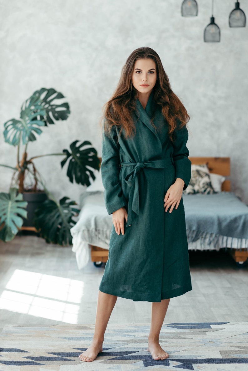 Linen Robe for Women Natural Linen Dressing Gown Bathrobe Green Forest