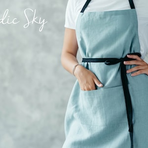 Pure Linen Apron With Pockets Natural Linen Cafe Apron Unisex Crafting, Florist Apron Nordic Sky