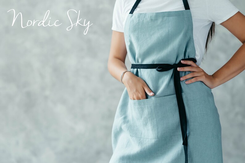 Pure Linen Apron With Pockets Natural Linen Cafe Apron Unisex Crafting, Florist Apron Nordic Sky