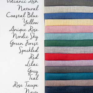 May include: A vertical image showing 18 fabric swatches in various colors, with the name of each color written to the left of the swatch. The colors are: Khaki, Ochre, Olive, Volcanic Ash, Natural, Coastal Blue, Yellow, Anique Rose, Nordic Sky, Green Forest, Speckled, Red, Lilac, Grey, Teal, Rose Taupe, Navy, White, Pink Heather, and Black.