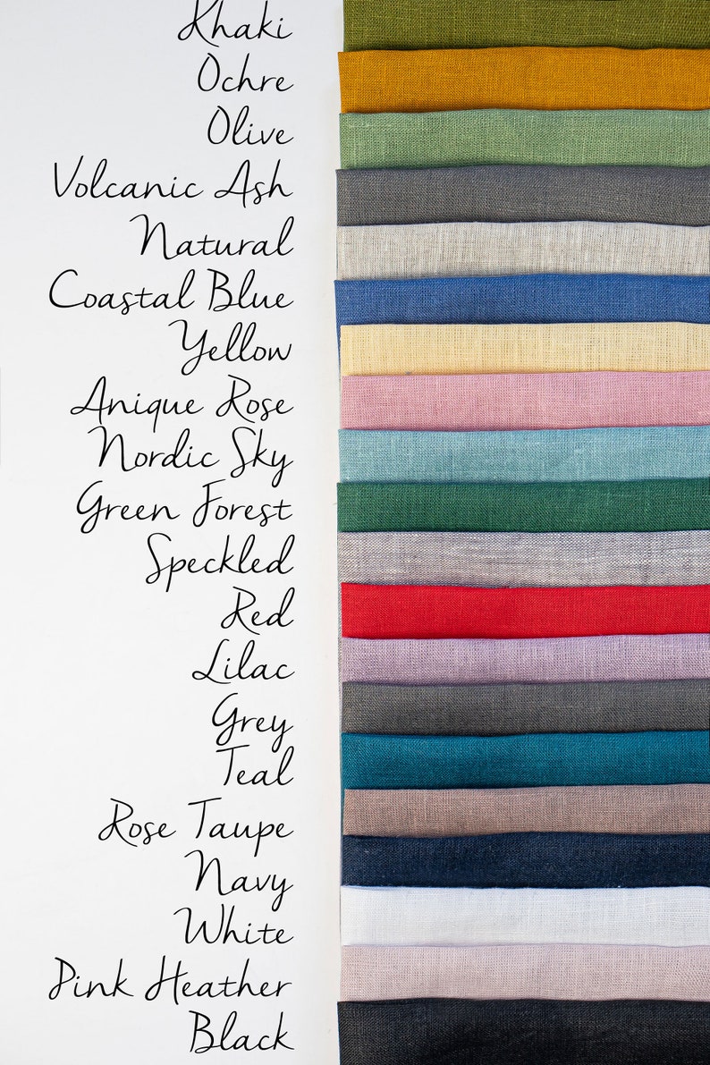 May include: A vertical image showing 18 fabric swatches in various colors, with the name of each color written to the left of the swatch. The colors are: Khaki, Ochre, Olive, Volcanic Ash, Natural, Coastal Blue, Yellow, Anique Rose, Nordic Sky, Green Forest, Speckled, Red, Lilac, Grey, Teal, Rose Taupe, Navy, White, Pink Heather, and Black.