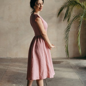 Midi Linen Dress Linen Bridesmaid Dress Skater Dress Linen Fit and Flare Dress Elopement Dress Midi Retro Cocktail Dress image 8