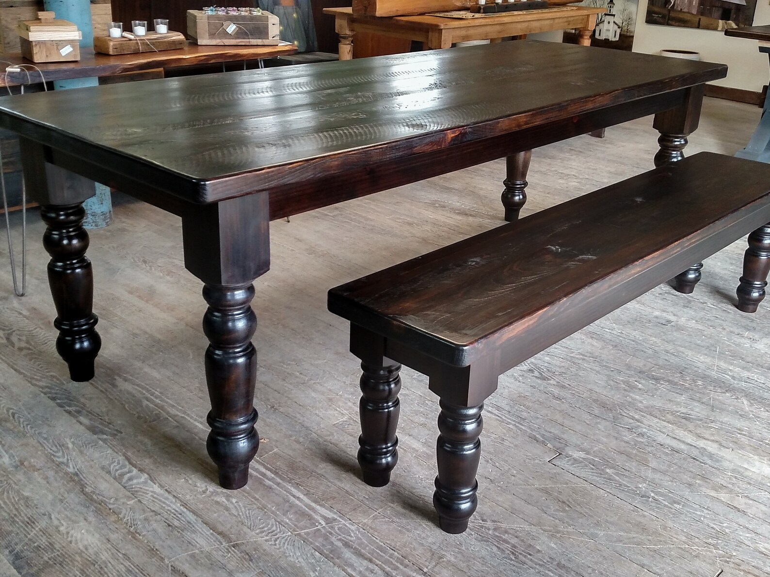 Dark Wood Farm Table and Matching Bench Custom Sizes Etsy