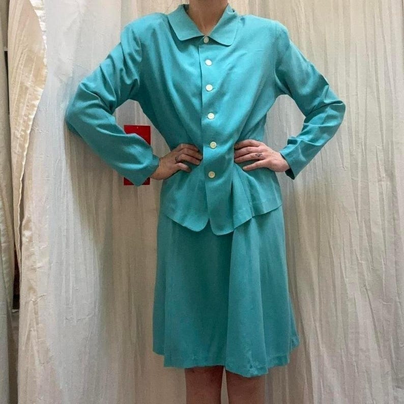 Robins Egg blauwe zijden jurk en blouse jasset nieuw met tags VTG Victoria Holley afbeelding 3