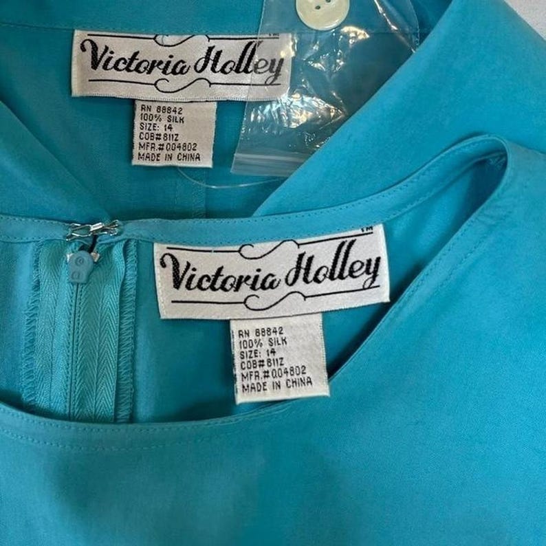Robins Egg blauwe zijden jurk en blouse jasset nieuw met tags VTG Victoria Holley afbeelding 8