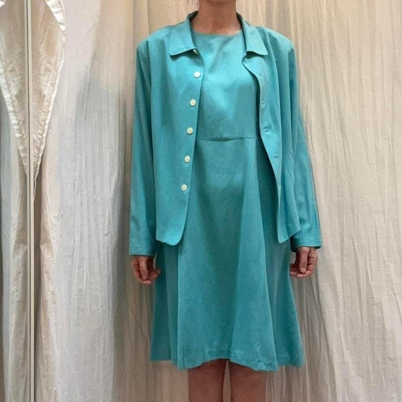 Robins Egg blauwe zijden jurk en blouse jasset nieuw met tags VTG Victoria Holley afbeelding 1