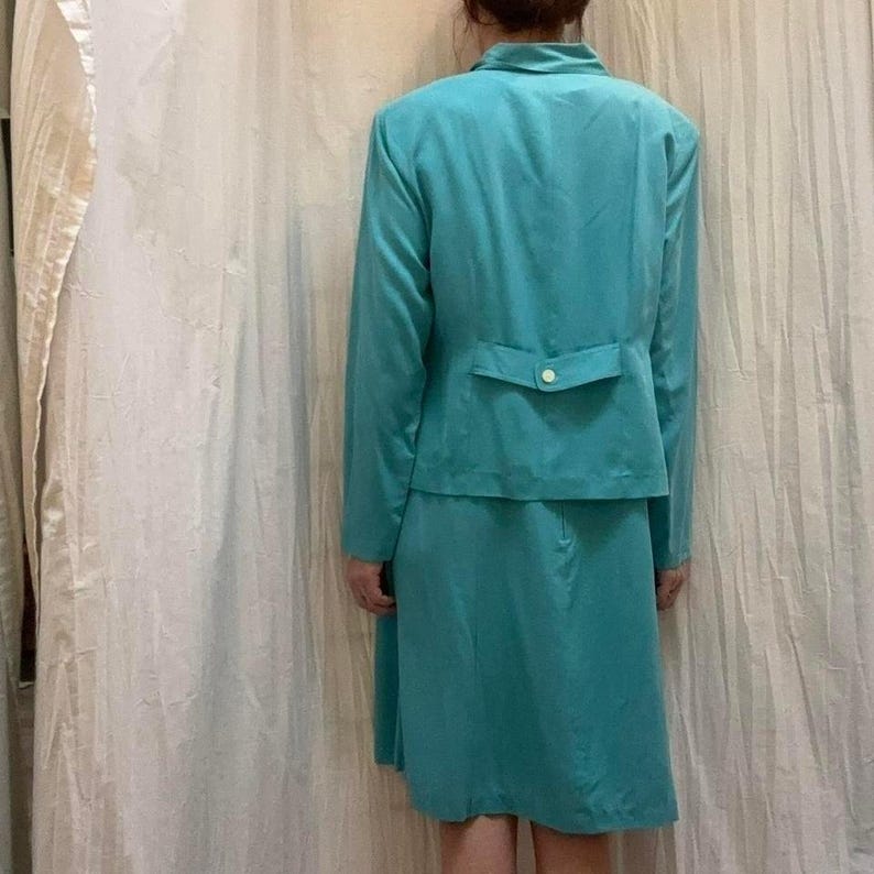 Robins Egg blauwe zijden jurk en blouse jasset nieuw met tags VTG Victoria Holley afbeelding 4