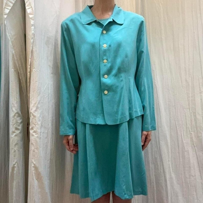 Robins Egg blauwe zijden jurk en blouse jasset nieuw met tags VTG Victoria Holley afbeelding 2