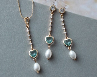 MONICA // Gold Light Blue Bridal Necklace and Earrings Freshwater Pearl drop earrings  Boho Wedding jewelry Heart Bridal Jewelry set gift