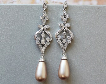 DIANA // Champagne Art Deco earrings, Bridal Earrings, Wedding Earrings,Wedding Jewelry  Bridesmaid  Earrings Pearl Teardrop Wedding Jewelry