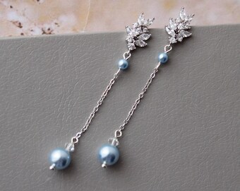 Long Blue Pearl Bridal Earrings: Silver Leaf Dangle Wedding Jewelry Boho //IMOGEN