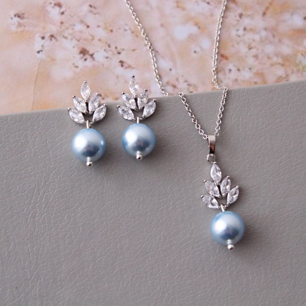 LEAH // Something blue  Bridal Necklace and Earring set Petite Earrings Wedding jewelry Bridesmaid  Earrings Bridal Jewelry Pearl  Earrings