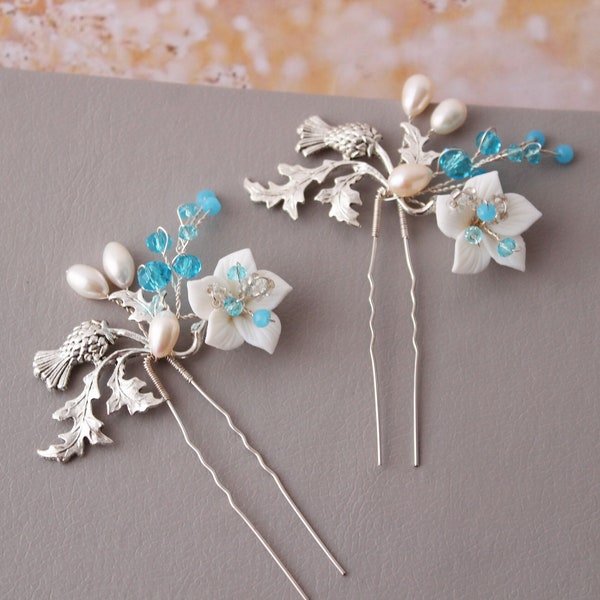 ORLA // Silver Blue Scottish Thistle hair pins, Bridal hair pins, Floral hair piece, Wedding headpiece hair accessory, Bridal hair vine