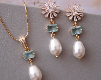 LOUISE // Gold Light Blue Floral Bridal Necklace and Earrings Pearl drop earrings For Bride Boho Wedding jewelry Bridal Jewelry set gift