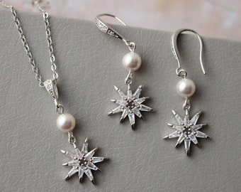 GINA // Silver Celestial Star Bridal jewelry Set Star necklace and earrings Wedding Earrings Starburst Bridal Earrings Wedding Jewelry set