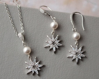 GINA // Silver Celestial Star Bridal jewelry Set Star necklace and earrings Wedding Earrings Starburst Bridal Earrings Wedding Jewelry set