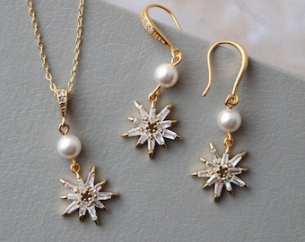 GINA // Gold Celestial Bridal jewelry Set Star necklace and earrings Wedding Earrings Starburst Bridal Earrings CZ Wedding Jewelry set