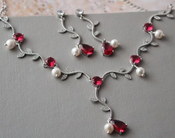 LOVE // Silver And Red Bridal Jewelry set Leaf Bridal Necklace and earring Red Wedding jewelry set Bride Freshwater pearl necklace gift Prom