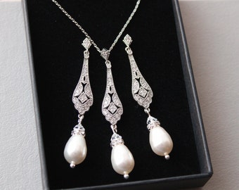 Art Deco Bridal Pearl Jewelry Set, 1920s Wedding Necklace Earrings //TALIA