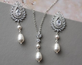 Bridal jewelry set:  Pearl drop bridal necklace and earrings Wedding Earrings Wedding Jewelry set Great Gatsby //BEAU