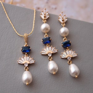 ELIZABETH //Gold Sapphire Blue Bridal Necklace and Earrings With pearls  For Bride Vintage Wedding Earrings   Pearl Wedding  Jewelry set