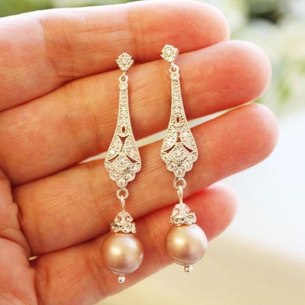 TALIA // Champagne Bridal Earrings Art Deco Earrings Wedding jewelry 1920s Bridesmaid Earrings Bridal  Jewelry Great Gatsby Pearl  Earrings