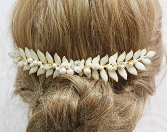 EMMA // Gold Ivory Grecian Leaf bridal hair comb Wedding hair comb Gold Bridal hair accessory, Woodland hairpiece Gold headpiece for bride