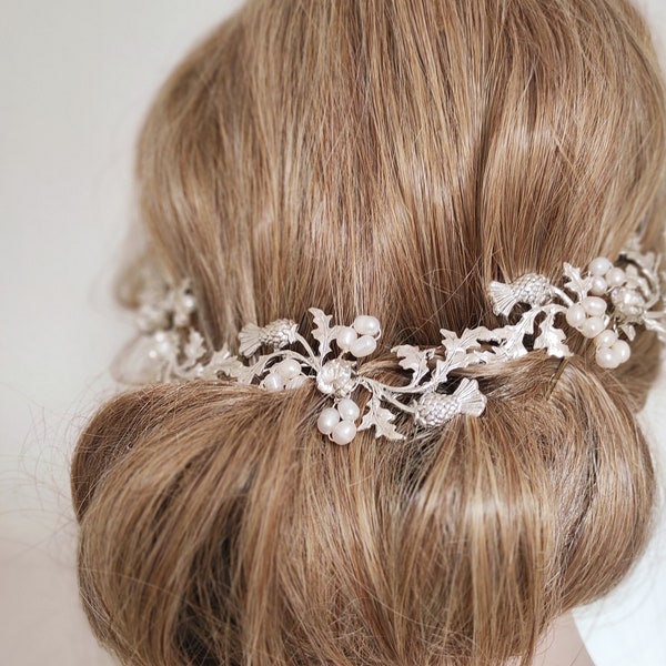 EMILIA // Silver or Gold Scottish Thistle hair vine,  Floral hair piece, Wedding headpiece Wedding hair accessory Bridal back headpiece, UK