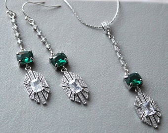 JOHANNA // Silver Emerald Art Deco Earrings, Bridal Earrings, Bridal Jewelry set ,Wedding Earrings, 1920s Necklace and Earrings Great Gatsby