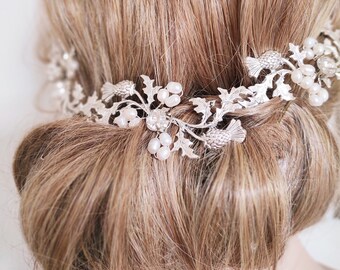 EMILIA // Silver or Gold Scottish Thistle hair vine,  Floral hair piece, Wedding headpiece Wedding hair accessory Bridal back headpiece, UK