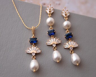 ELIZABETH //Gold Sapphire Blue Bridal Necklace and Earrings With pearls  For Bride Vintage Wedding Earrings   Pearl Wedding  Jewelry set