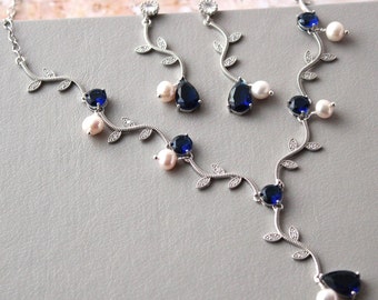 LOVE // Silver And Blue Bridal Jewelry set Leaf Bridal Necklace and earring Blue Wedding jewelry set Freshwater pearl necklace gift Prom