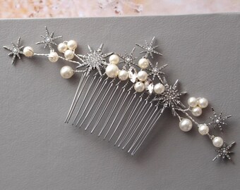 Silver Crystal Pearl Star Hair Comb: Celestial Bridal  display picture 2