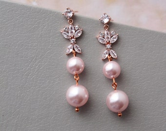 STACIE // Rose gold Blush Pearl drop Bridal  Earrings Pink Wedding earrings Pearl Wedding jewelry Dangle earrings Pearl jewellery for brides