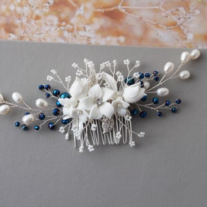 EVELYN// Silver And Blue Bridal hair comb, Bridal hair vine, wedding hair piece wedding hair comb bridal headpiece, floral hair accessory UK