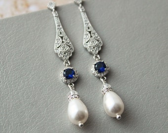 GIANNA // Silver blue Art Deco Earrings, Bridal pearl drop Earrings, Bridal Jewelry set ,Wedding Earrings, 1920s Necklace and Earrings