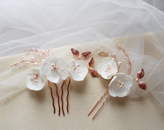 Rose gold bridal hair pin pearl bridal headpiece floral Wedding hair comb ivory wedding hair vine wedding gift for bride  leaf hair comb