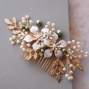 EVIE // Gold green bridal hair comb  Wedding hair comb, Floral hair piece Bridal headpiece Wedding hair accessory Bridesmaid  hair pin gift