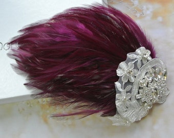 STELLA // Wedding Fascinator Wedding hair clip Vine Plum Feather Hair piece Feather Headpiece, 1920s Hair clip, Art Deco Wedding hair piece