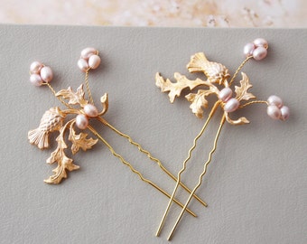 LUNA // Gold Pink Mauve Scottish Thistle hair pins Wedding hair pin Floral hair piece Wedding headpiece  hair accessory Bridal hair pin