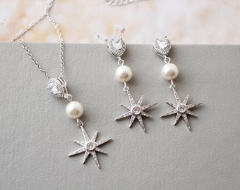 FAUSTINE // Celestial Star Wedding Necklace Earring set Pearl Drop Bridal Earrings Silver Wedding Jewelry Great Gatsby Bridal Gift for bride