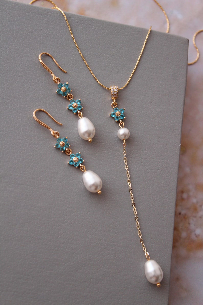 CHARLOTTE //Gold Blue Bridal Necklace and earring set, Lariat Necklace set Bridal jewelry set , Wedding Jewelry, Blue Bridal earrings gift Set-earr.w.2 flowers