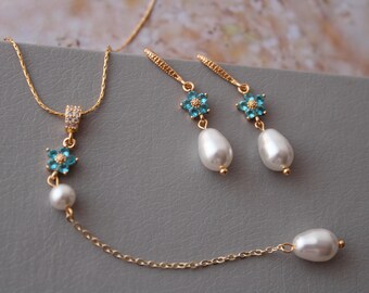 CHARLOTTE //Gold Blue Bridal Necklace and earring set, Lariat Necklace set Bridal jewelry set , Wedding Jewelry, Blue Bridal earrings gift