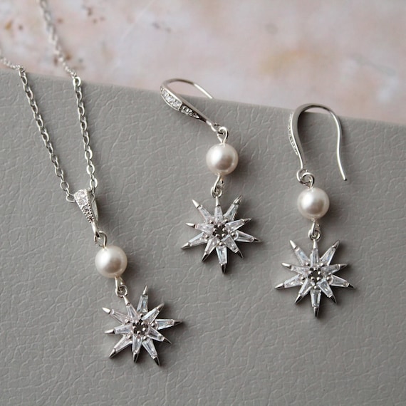 GINA // Silver Celestial Star Bridal jewelry Set Star necklace and earrings Wedding Earrings Starburst Bridal Earrings Wedding Jewelry set