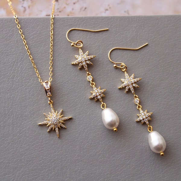 BEA // Gold Celestial Star Bridal jewelry Set Star necklace and earrings Wedding Earrings Pearl Drop Bridal Earrings CZ Wedding Jewelry set