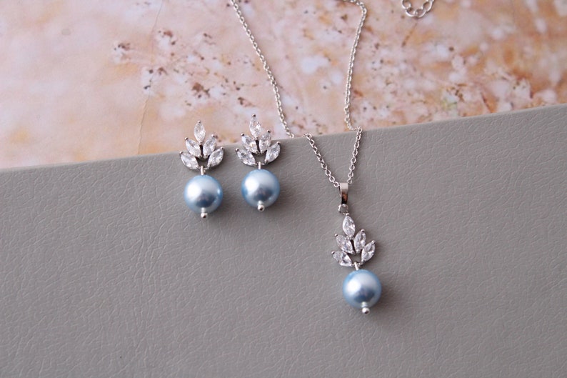 LEAH // Something blue  Bridal Necklace and Earring set Petite image 1