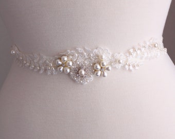 KIM / Silver Ivory Bridal Dress Sash, Wedding Dress Belt, Wedding Sash, Silver  Wedding  Belt, Ivory  Sash, Floral belt,  Lace Belt